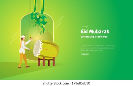 Islamic day of Eid Mubarak, Illustration of Muslim celebrating the Islamic festival called Idul Fitri