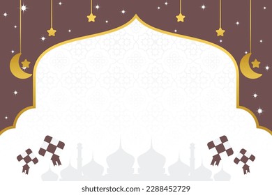 islamic day sale poster template with free space for text. It has an ornament of the silhouette of a mosque, moon, stars and diamonds. Design for banners, greeting cards, social media