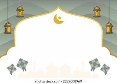 islamic day sale poster template with free space for text. It has an ornament of the silhouette of a mosque, moon, stars and diamonds. Design for banners, greeting cards, social media