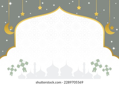 islamic day sale poster template with free space for text. It has an ornament of the silhouette of a mosque, moon, stars and diamonds. Design for banners, greeting cards, social media