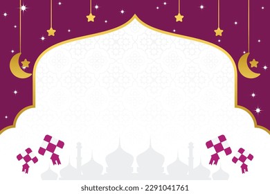 islamic day sale poster template with free space for text. It has an ornament of the silhouette of a mosque, moon, stars and diamonds. Design for banners, greeting cards, social media