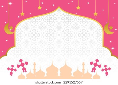 islamic day sale poster template with free space for text. It has an ornament of the silhouette of a mosque, moon, stars and diamonds. Design for banners, greeting cards, social media