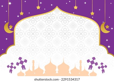 islamic day sale poster template with free space for text. It has an ornament of the silhouette of a mosque, moon, stars and diamonds. Design for banners, greeting cards, social media