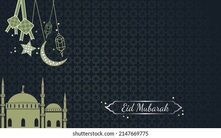 Islamic decoration background with  ketupat and crescent, ramadan kareem, maulid, iftar, isra miraj, eid al fitr adha, eid al fitri, muharram, copy space text area,