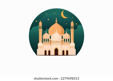 Islamischer Dekorationshintergrund mit Moschee, Halbmond, Rmadan Kareem, Mawlid, Iftar, Isra miraj, eid al fitr adha, Muharram, Kopienraum, Vektorgrafik.