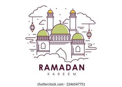 Islamischer Dekorhintergrund mit Moschee und Lattern, Rmadan Kareem, Mawlid, Iftar, Isra miraj, eid al fitr adha, Muharram, Kopienraum, Linienvektor
