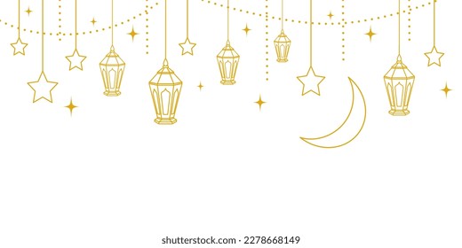 islamic decoration element with hanging golden stars, lanterns, and moon