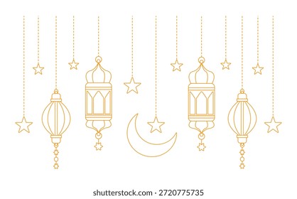 Islamic Decoration with Hanging Lanterns, Crescent Moon and Stars for Ramadan and Eid