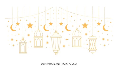Decoración islámica con linternas Frontera ancha con estrellas y luna creciente para Ramadán y Eid