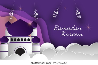 Islamic decoration paper chart. Arabic geometric art, mosques, clouds and lanterns. Ramadan Kareem - The glorious month of the Muslim year