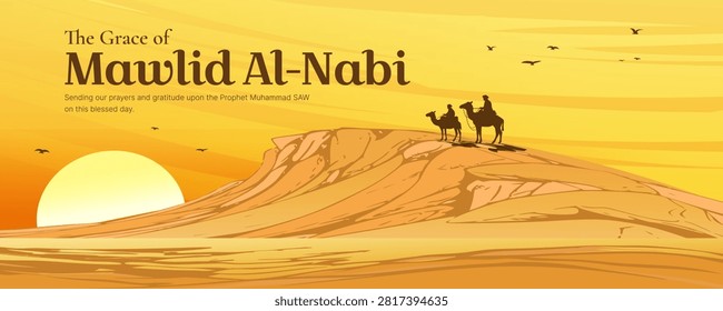 Islamic Desert Landscape and sand dunes Illustration with Camel Silhouette in the sunset sky for celebrating Mawlid al-Nabi