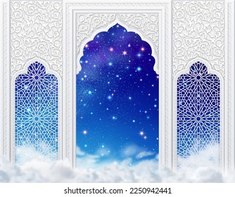 Islamic Design Arch in Clouds with starry sky with colorful stars. EPS 10 contains transparency 