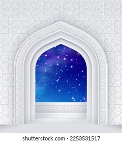 Islamic design arch with starry sky with colorful stars. EPS 10 contains transparency.