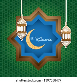 Islamic design concept. Abstract mandala with pattern ornament and lantern element. Happy Eid Mubarak greetings for invitation Banner or Card Background.
