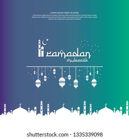 islamic design concept. Ramadan Kareem or Eid Mubarak greeting with mosque element and lantern ornament background for invitation Banner or Card. Vector illustration.