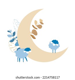 Islamisches Design mit Halbmond. Ramadan Kareem, eid al adha, eid al fitr design. Moon, Crescent, Moschee, tropische Blätter, Kaaba, Daten, Schafe Elemente. Vintage-Boho-Design 2
