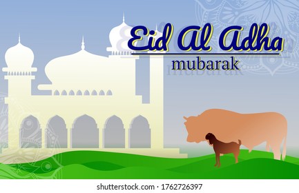  Islamisches Design für eid-al-adha, Moschee-isog-blauer Farbverlauf-Hintergrund, Grußkarte, Banner-Hintergrund, Vektorgrafik