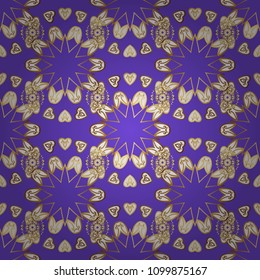 Islamic design. Floral tiles. Seamless pattern oriental ornament. Vector golden textile print. Golden pattern on violet, white and brown colors with golden elements.
