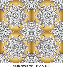 Islamic design. Golden pattern on white, yellow and black colors with golden elements. Floral tiles. Vector golden textile print. Ornamental pattern oriental ornament.