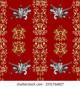 Diseño islámico. Patrón dorado en tonos marrones, beige y rojos con elementos dorados. Baldosas florales. Impresión textil vectorial dorada. Ornamento oriental sin foco.