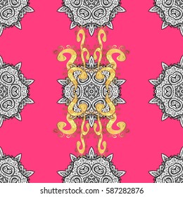 Islamic design. Golden pattern on pink background with golden elements. Seamless pattern oriental ornament. Floral tiles. Vector golden textile print.