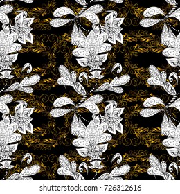Islamic design. Golden pattern on black, white and brown colors with golden elements. Floral tiles. Vector golden textile print. Seamless pattern oriental ornament.