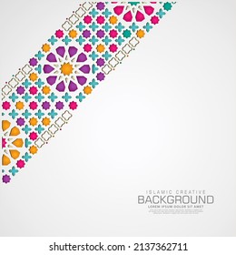 Islamic design greeting card background template with ornamental colorful detail of floral mosaic islamic art ornament.New collection. Vector illustration.