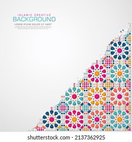 Islamic design greeting card background template with ornamental colorful detail of floral mosaic islamic art ornament.New collection. Vector illustration.