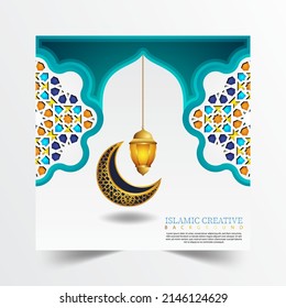 Islamic design greeting card background template with decorative colorful details of Islamic art ornaments floral mosaic vector illustration. Premium Vector