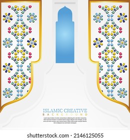 Islamic design greeting card background template with decorative colorful details of Islamic art ornaments floral mosaic vector illustration. Premium Vector