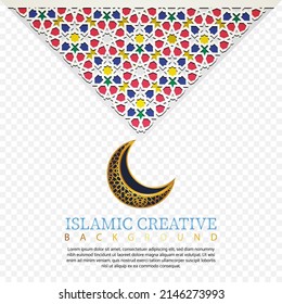 Plantilla de fondo de tarjeta de felicitación de diseño islámico con detalles decorativos coloridos de adornos de arte islámico mosaico floral ilustración vectorial. Vector Premium