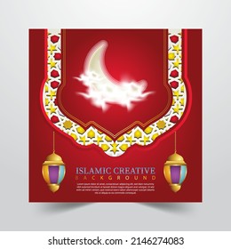 Islamic design greeting card background template with decorative colorful details of Islamic art ornaments floral mosaic vector illustration. Premium Vector