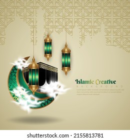 Islamic design greeting card background template with ornamental colorful of mosaic, kaaba, crescent moon and islamic lantern. Islamic Vector
