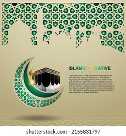 Islamic design greeting card background template with ornamental colorful of mosaic, crescent moon and islamic lantern. Islamic Vector