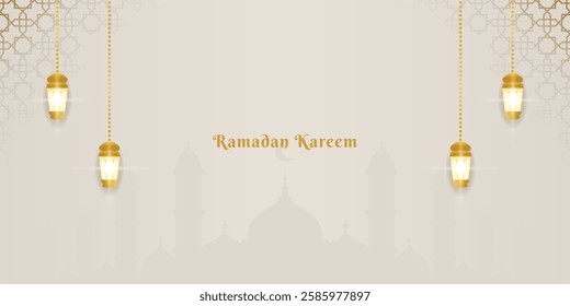 Islamic design greeting card for Ramadan Kareem on a light background with lantern