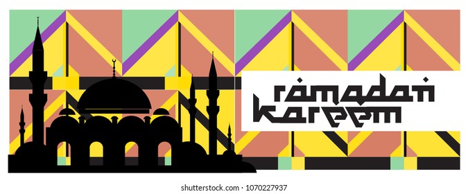 Islamic design greeting card template for Ramadan Kareem with colorful turkey and memphis pattern