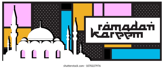 Islamic design greeting card template for Ramadan Kareem with colorful turkey and memphis pattern