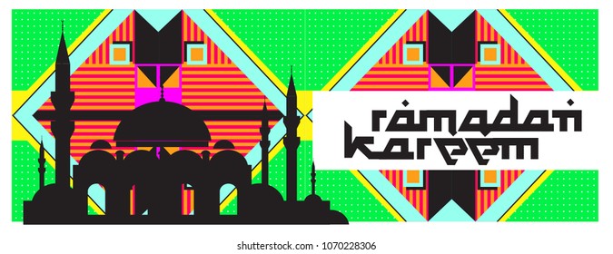 Islamic design greeting card template for Ramadan Kareem with colorful turkey and memphis pattern