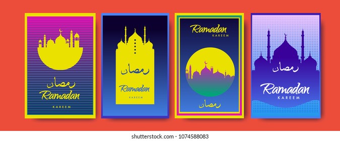 Islamic design greeting card template for Ramadan Kareem with colorful abstract background design