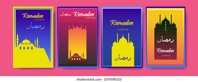 Islamic design greeting card template for Ramadan Kareem with colorful abstract background design
