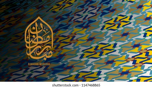 Islamic design greeting card template with colorful morocco pattern.  The arabic calligraphy means Ramadan Mubarak.