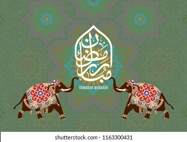 Islamic design greeting card template with colorful morocco pattern and elephants.  The arabic calligraphy means Ramadan Mubarak.