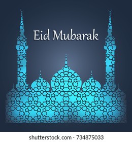 Islamic design greeting card template with glowing muslim mosque dome on arabic geometrical pattern