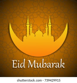 Islamic design greeting card template with muslim mosque dome and moon on arabic geometrical pattern