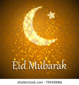 Islamic design greeting card template with moon with shining stars on arabic geometrical pattern