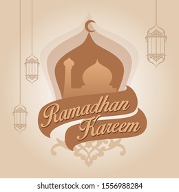 Islamic design for greeting cards and Ramadan moments. With Islamic instruments in the form of mosques and lanterns with shades of gold, cream and warm chocolate.