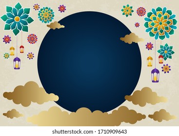 Islamic design for holy month of muslim template. Vector illustration for eid mubarak banner,greeting card, invitation, and poster. Ramadan theme with shape on golden background