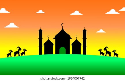 Islamic design illustration concept for Eid al-Adha celebration or sacrifices with goat animal characters for web pages, banners, presentations, etc. Islamic design illustration concept for Eid al-Adh