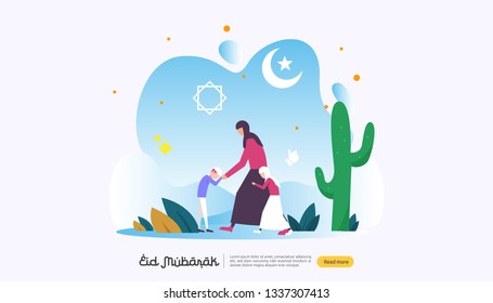 islamic design illustration concept for Happy eid mubarak or ramadan greeting with people character. template for web landing page, banner, presentation, social, poster, ad, promotion or print media.
