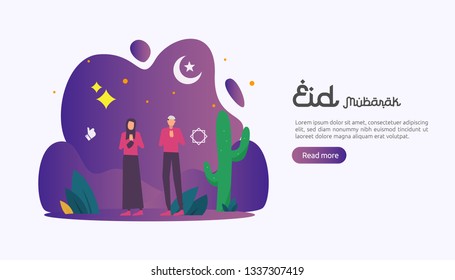 islamic design illustration concept for Happy eid mubarak or ramadan greeting with people character. template for web landing page, banner, presentation, social, poster, ad, promotion or print media.